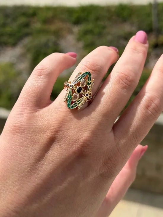Dragonfly Cocktail Ring with Green Enamel and Blue Stones - Picture 3 of 4